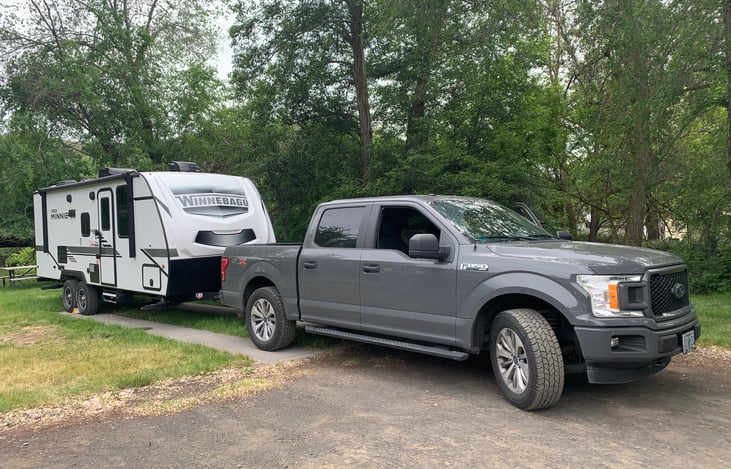 F150 or equivalent is probably the best towing match for the Micro Minnie. This is Maupin City Park in Maupin Oregon.