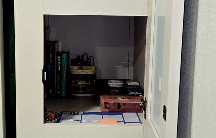 shelves on right side of couch/bed (has 3 of these shelves this size)