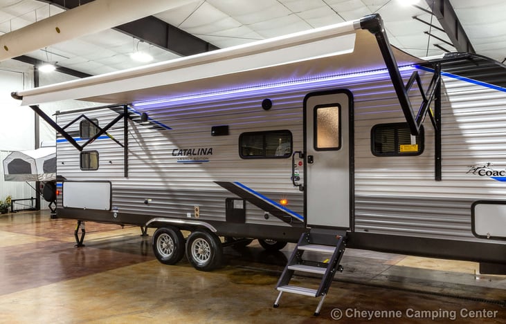 Awning with lights and speakers outdoors