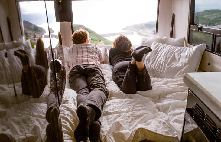 Back doors open to the view. There is a screen that can be pulled down here to keep insects out, as well as a blackout screen for sleeping