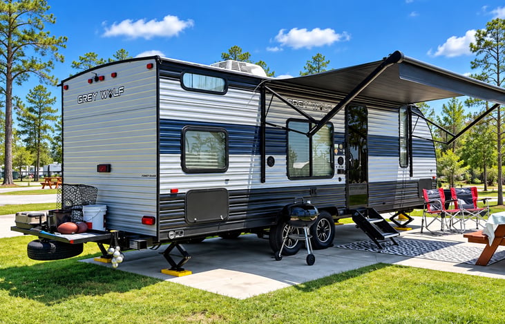 Rear view of camper where you can store items while camping.