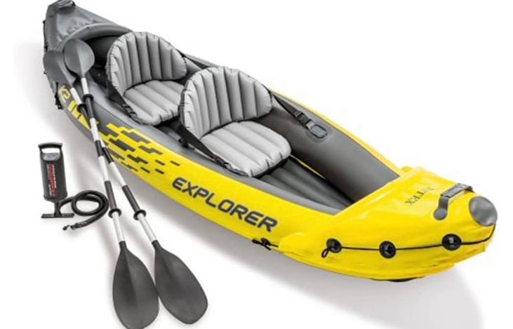 Explorer K-2. 2-Person Inflatable Kayak Set with Aluminum Oars and High Output Air Pump