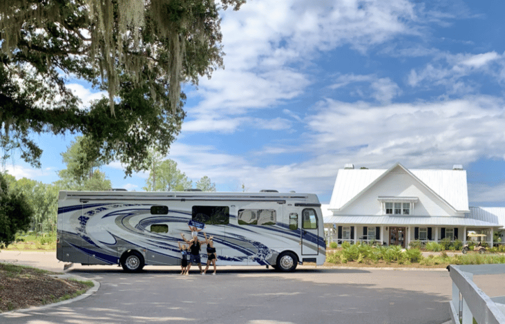Our family at Creek Fire RV Resort in Savannah Georgia.  One of our favorite family-friendly resorts in one of our favorite cities!