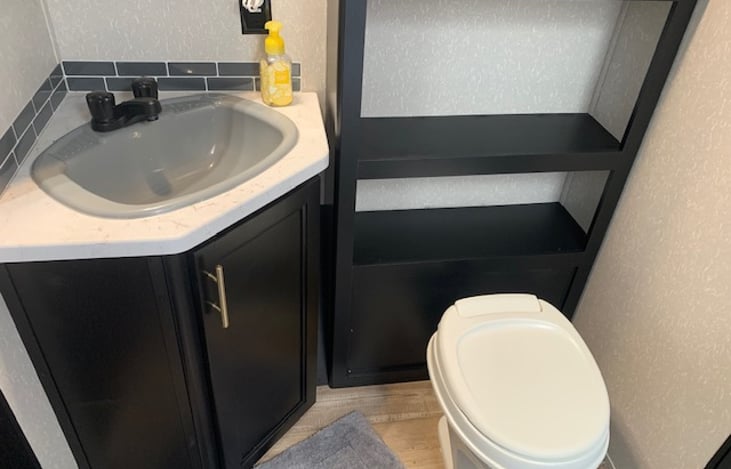 Quick flush toilet and sink with medicine cabinet mirror. There is also a full length mirror on the door.