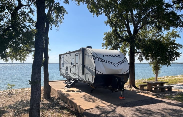 The camper set up at Lake Texoma - GORGEOUS little site, and a GREAT home base for fun on the lake!