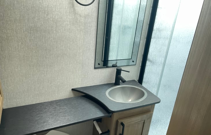 Extended shelf for getting ready in morning