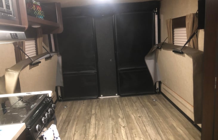 Cargo area with the seating raised and secured in place