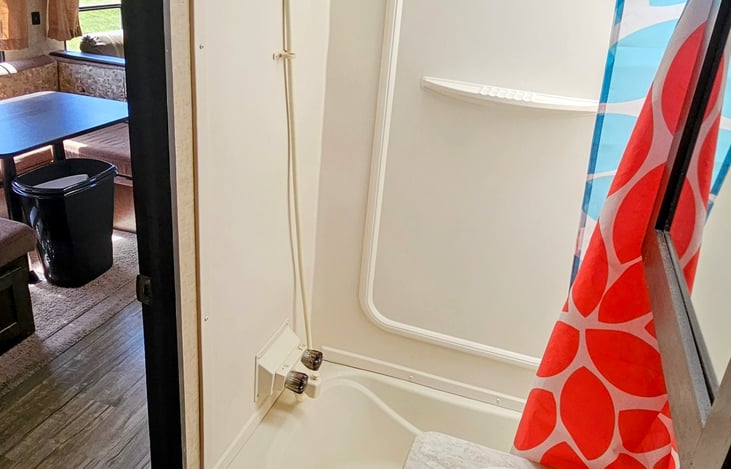 Shower is rarely used by us but does work.  Exterior has a rinse shower to rinse off sand from beach or grass and other outdoor messes.