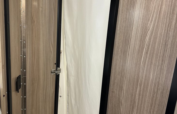 Bathroom door and shower curtain