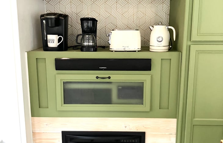 Coffee Bar and Fireplace.