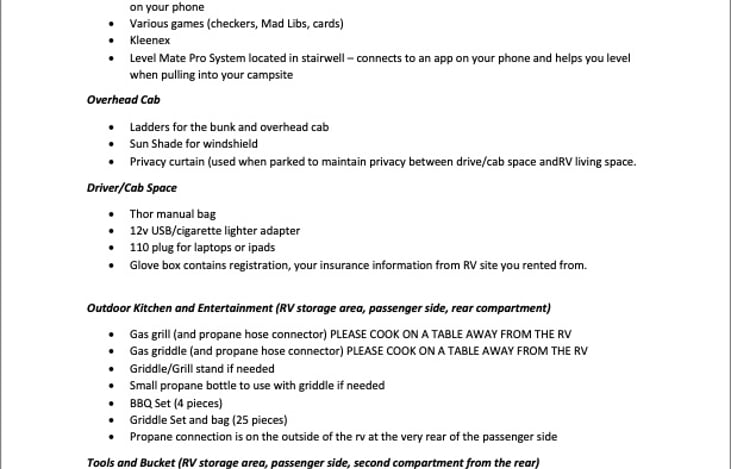 A list of all items on board so you know what to pack