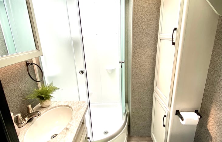 view of main bathroom with shower, storage cabinet, and sink