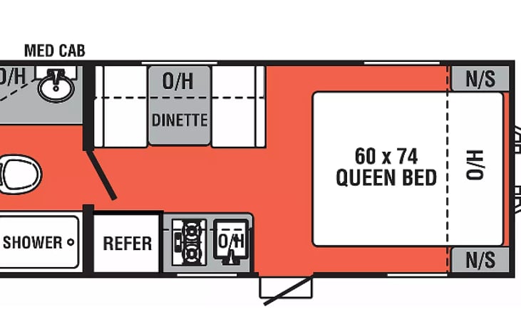 The layout is simple but has everything you need and nothing extra.  Larger than average bathroom and fridge for a camper this size!