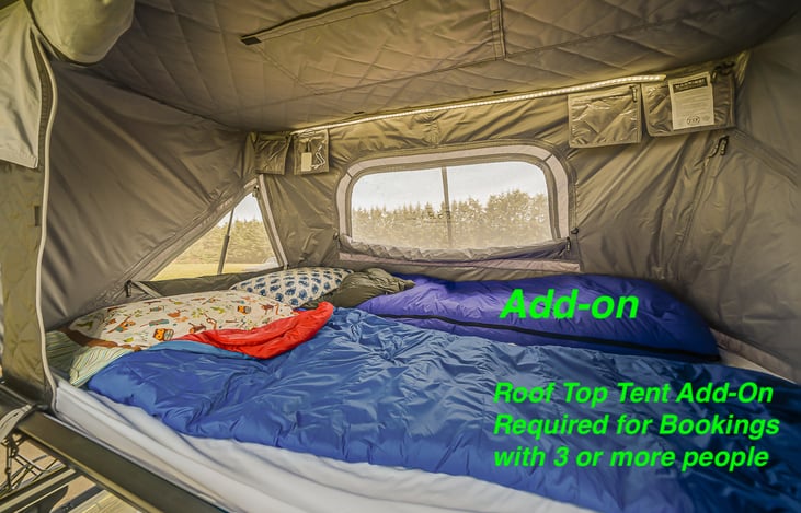 Spacious Rooftop tent with FULL XL (54" x 80") sized mattress comfortable.
Attached telescoping ladder provides secure access to the Rooftop Tent
ADD-ON Required for Bookings with 3 or more people.