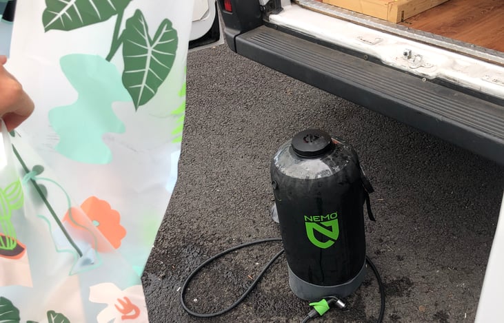 The foot pump solar shower heats the water when set in the sun. Pump about 15 times with your foot for enough pressure to wash off.