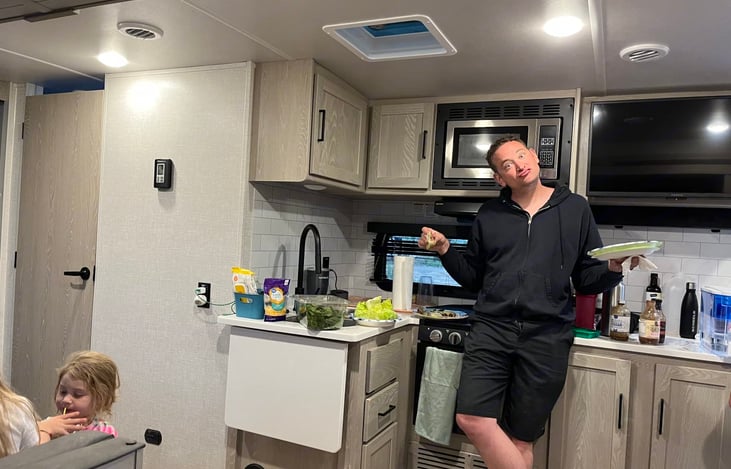 Photo of Kitchen space in use, additional counter space available next to the sink