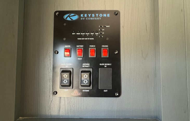 Control panel for slide out, awning control , water levels, light controls.