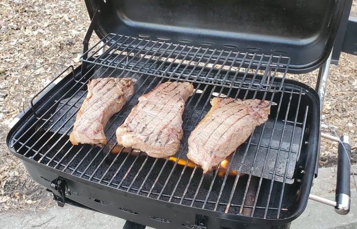New York strip steaks on the propane, bumper mount, grill. Grill is stored inside compartment. mount fold to store on rear bumper.