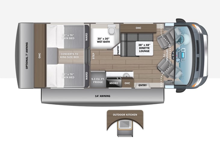 Sleeps two, but if one or two small children want to join on the trip using the king size bed for all, that is an option.