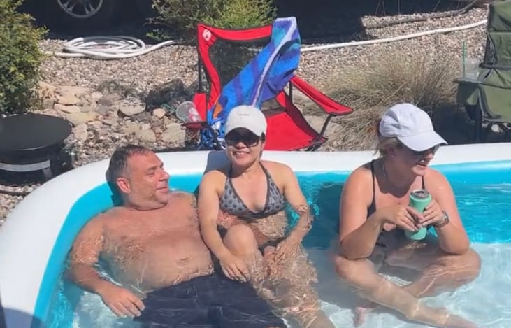 Add on this family sized blow up pool with pump and tarp included!