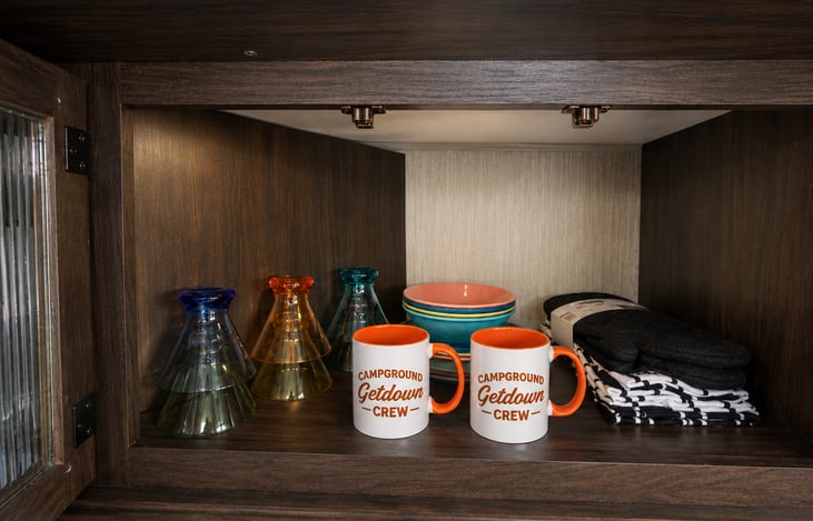 Plates, cups, bowls, cookware, cutting boards, dish towels, utensils, and more come STANDARD with The 5 O'Clock Somewhere at NO additional cost! Just bring your food and enjoy your camping adventure.