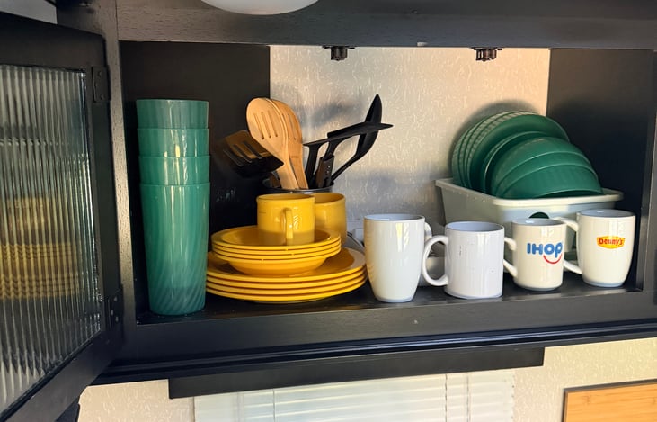 Dishes, cups, utensils, pots and pans.