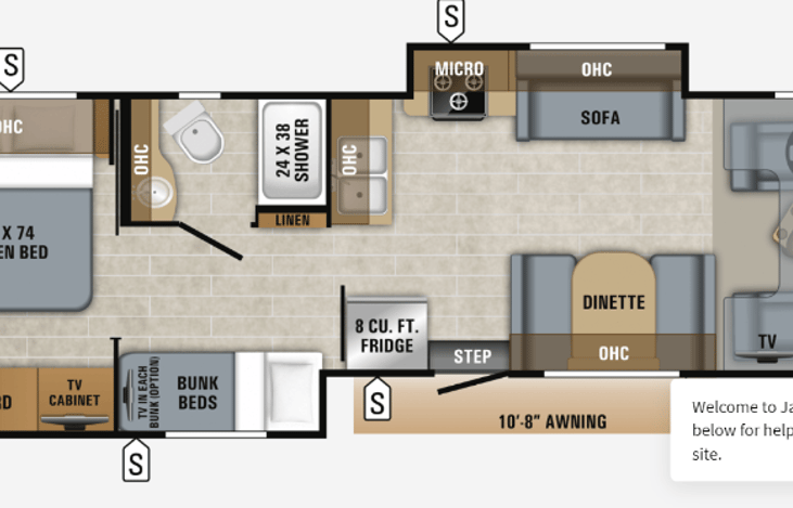 Interior Layout of the RV. The Queen is in the back with a slide out for privacy. The bunk and bathroom have slide out for privacy. The sofa and dinette turn into beds for littles. The top sleeps 2.