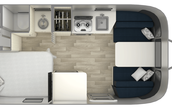 Shower inside + outside shower option. Door opens out in bathroom for added space