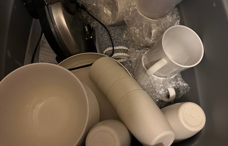 more kitchenware...... pots, frying pan ,waffle iron ,K-cup coffee maker , toaster and basic plates , cups and cutlery