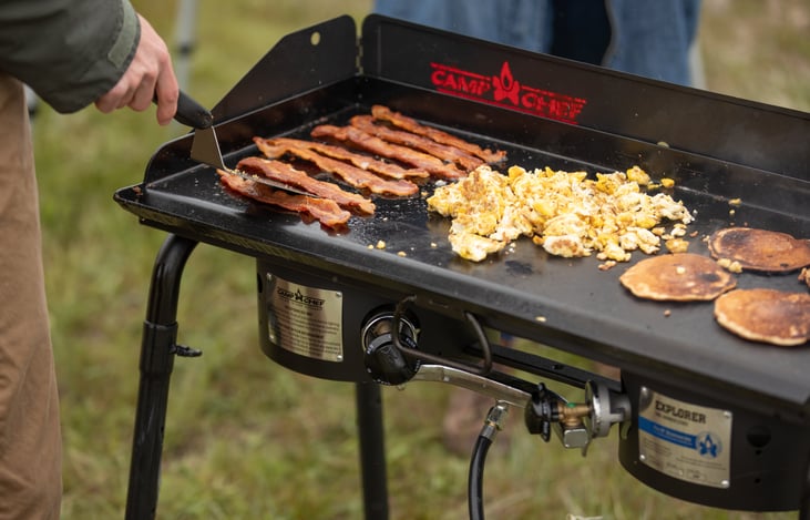 Available for an additional fee of $20/day. Camp Chef EXPEDITION 14 double burner camp stove for some serious heat output. Cast iron griddle included.