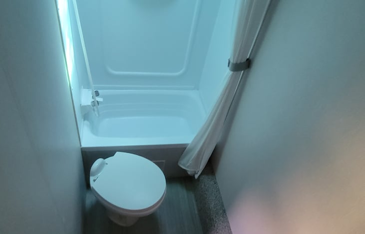 Bathroom sink, toilet, and shower with a little tub.