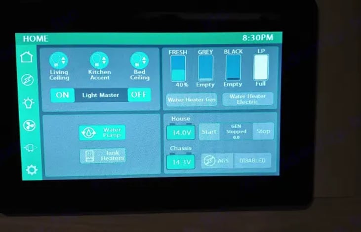 Firefly control panel, one touch control of every feature in the RV. Download the app to control everything with your cell phone.