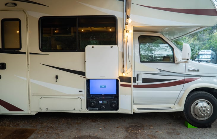 Outdoor entertainment center. TV & Radio with speakers. HDMI & USB outlets on TV.