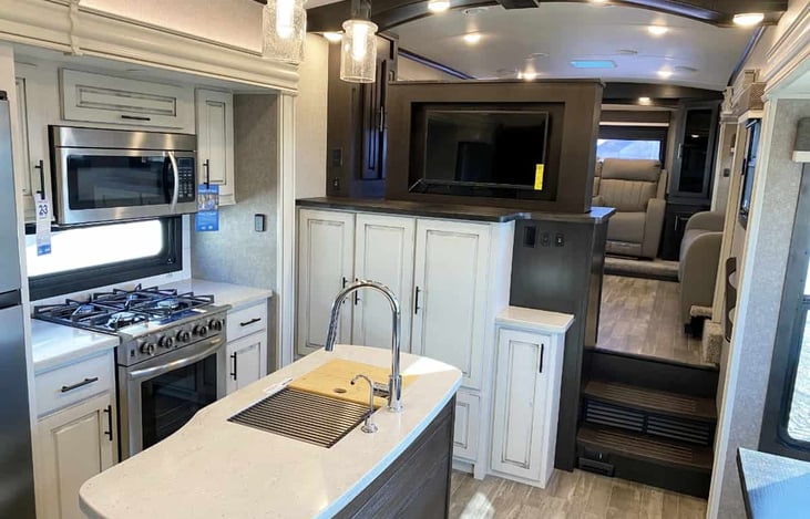 Kitchen with a view of the recliners in the Living Area