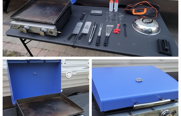 Best part of booking our RV it comes with this awesome flattop grill with a full size propane tank....and all those awesome grill tools.....