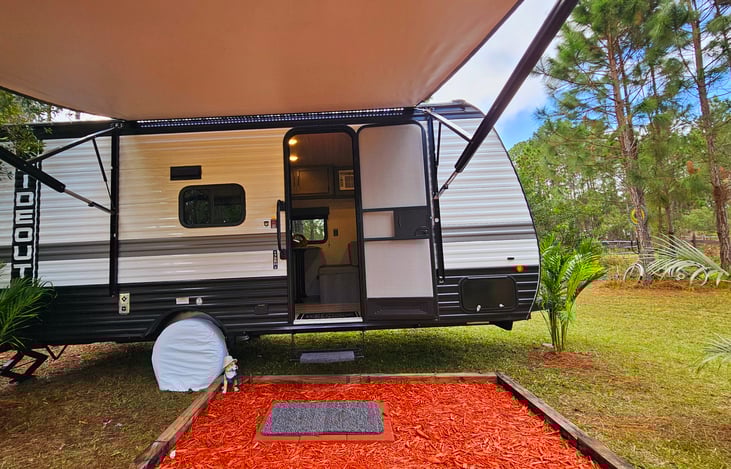 Awning cover for outdoor space.