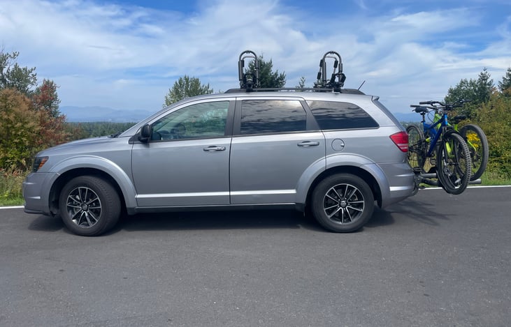 loaded with a couple mountain bikes and still room for a few kayaks.  Tiedowns and instructions are available, bring your own bike and bike lock.