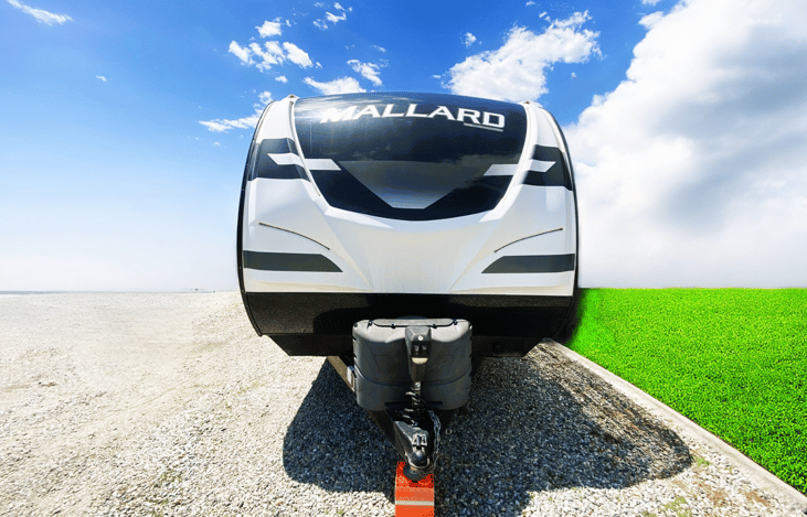 Front profile of our Heartland Mallard — a sleek and aerodynamic travel trailer perfect for scenic routes to Pismo Beach or Angeles National Forest.