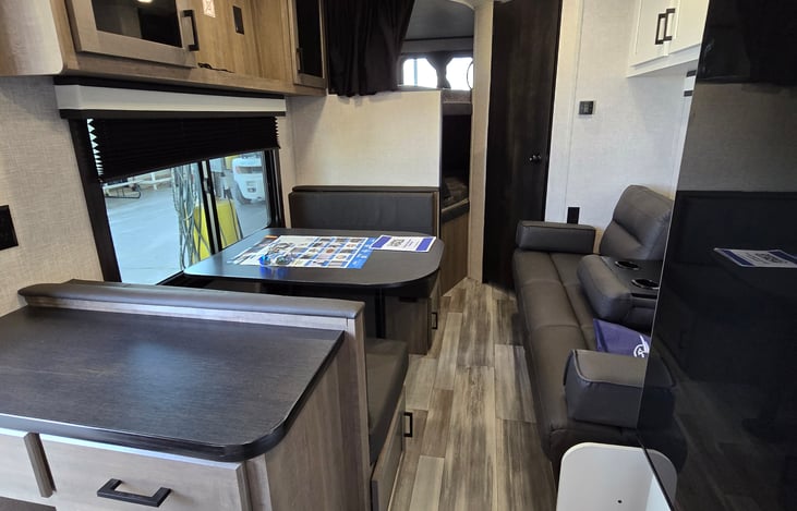 View from kitchen looking to aft bunks and bathroom.