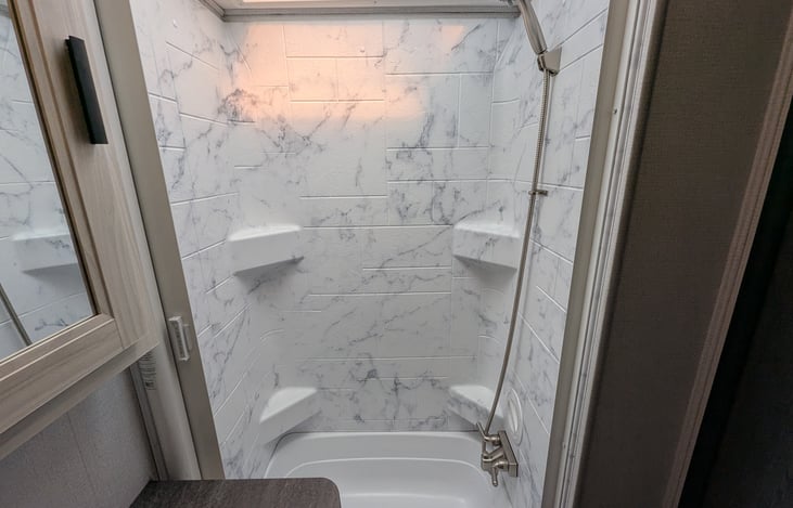 Bathroom with large shower.
