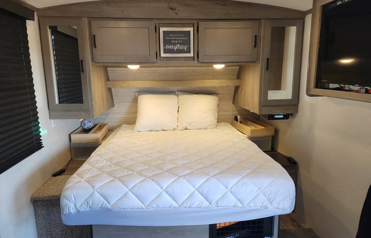 NEW Upgraded Queen Mattress and Pad as well as sturdy new pillows to support a headrest.