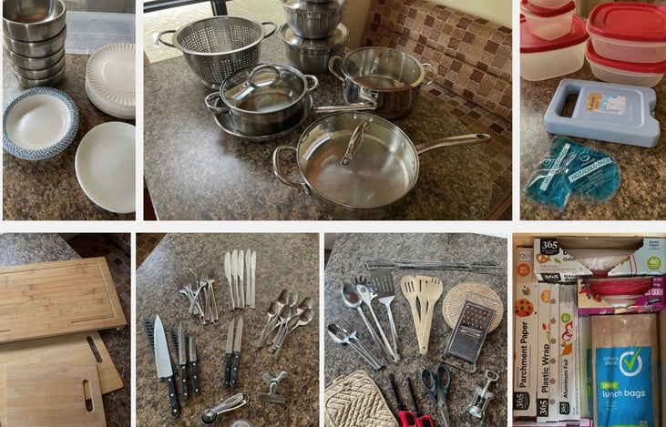 We strive to keep our camper stocked with non-toxic kitchen wear. We reduce plastic and use stainless steel as much as possible.
We keep inventory, please make sure all items are left in the camper.