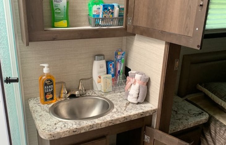 Bathroom with storage space.