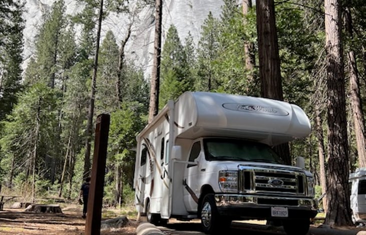 RV parked in Yosemite at Upper Pines Camp ground.