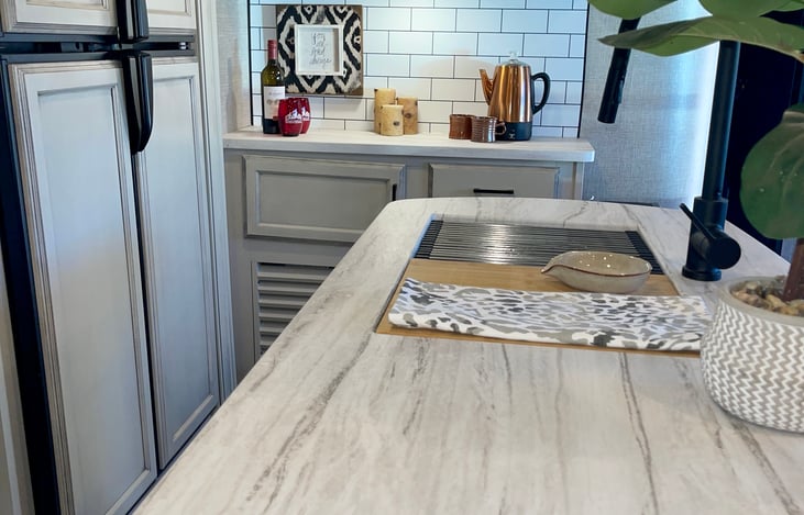 Kitchen Island, Coffee Bar and Full Sized Refrigerator.