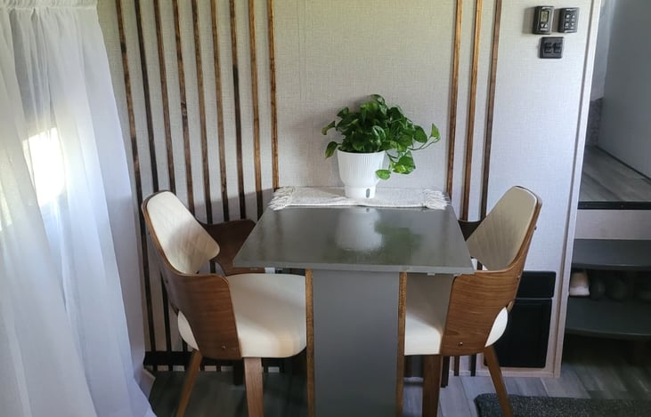 Dining table in down position to work or eat from