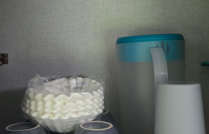 Coffee mugs, coffee filters, cups, tea pitcher