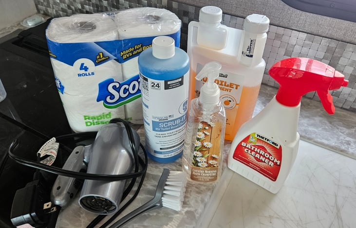 Toilet Paper, Toilet Cleaner, Toilet Treatment, Blow Dryer, Hand Soap