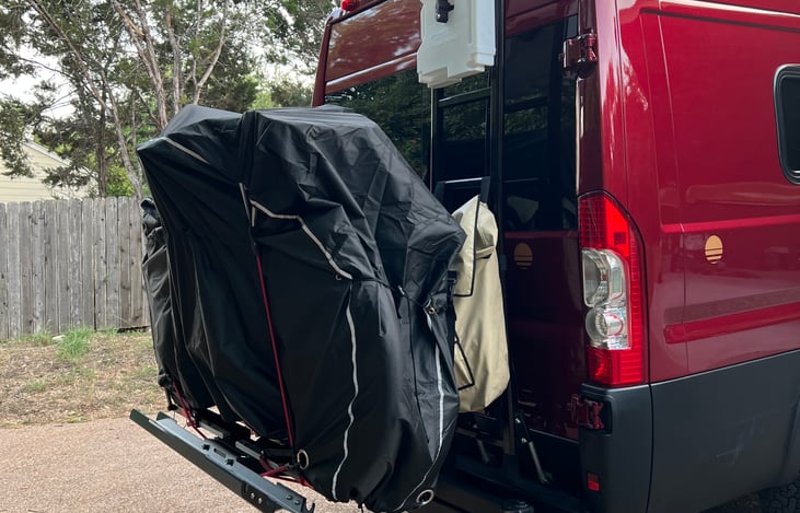 E-bikes on optional, add-on 2-bike rack mounted to rear hitch.