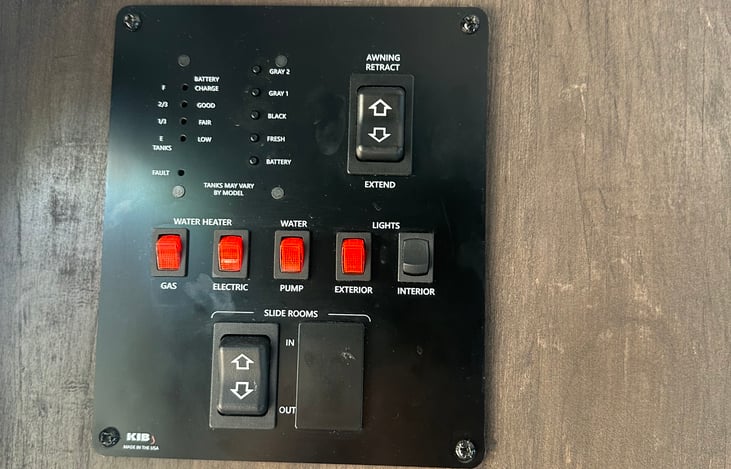 Control Center for awning, lights, slide out, hot water heater, tank levels, etc.